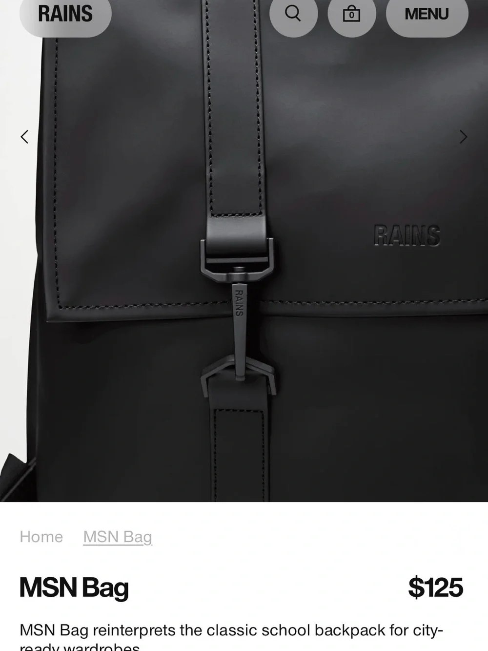 Rains Black Minimalist MSN Bag Waterproof Backpack with Flap and Buckles